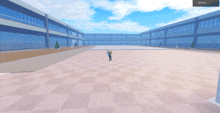 a screenshot of a video game shows a person standing in the middle of a large square