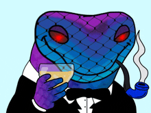 a cartoon of a lizard in a tuxedo holding a glass and smoking a pipe