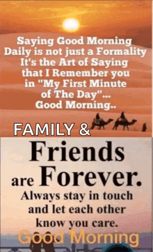 a good morning message with a picture of the sun and a quote about family and friends