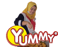 a woman is preparing food in front of a logo for yummy