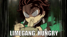 a cartoon of a man eating noodles with the words limegang hungry behind him