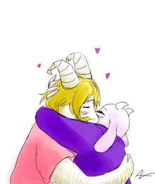 a drawing of a man and a goat hugging with hearts surrounding them