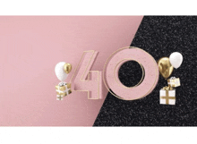 the number 40 is surrounded by balloons and gifts on a pink and black background