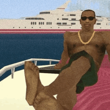 a man wearing sunglasses and a gold chain sits on a boat in front of a boat