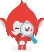 a red cartoon character is looking through a magnifying glass