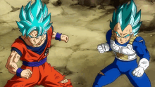 a cartoon of goku and vegeta fighting each other with blue hair