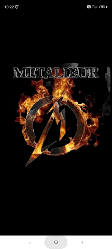 a metallica logo is surrounded by flames on a phone screen