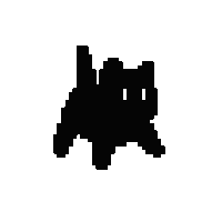 a pixel art silhouette of a black cat walking on a white background .