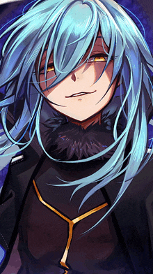 a blue haired anime character with yellow eyes and a black jacket