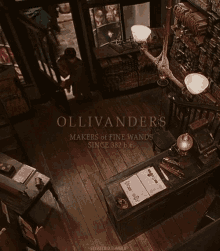 an aerial view of a room that says ' ollivanders makers of fine wands since 382 b.c. ' on it