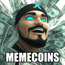 a man with a beard is surrounded by money and the words memecoins are on the bottom