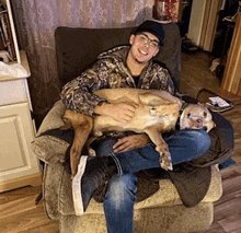 a man is sitting in a chair with his dog on his lap