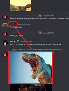 a screenshot of a discord conversation with a picture of a dinosaur in the middle