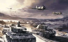 a group of tanks are driving down a snowy road with planes flying in the background .