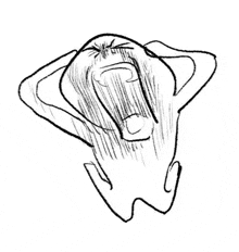 a black and white drawing of a person with their hands behind their head screaming .