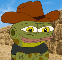 a cartoon frog wearing a brown cowboy hat and a black shirt