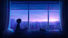 a girl sits on a bed looking out a window