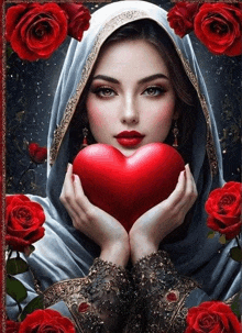 a woman is holding a red heart in her hands surrounded by roses