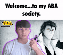 a man holding a sword in front of an aba anime battle arena poster