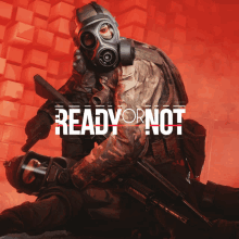 a poster for ready or not shows a man in a gas mask holding another man