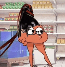 a cartoon character wearing glasses and a ponytail is standing in front of a store shelf