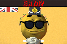 a yellow smiley face wearing sunglasses and a hat with the word erm on it