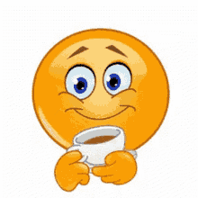 a smiley face is holding a cup of coffee in his hands .