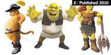 shrek , a cat , and a woman are standing next to each other .