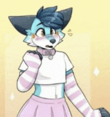 a furry wearing a crop top and a pink skirt .