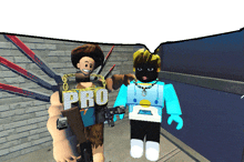 two roblox characters are standing next to each other and one of them has the word pro on their chest