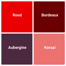 four squares of different colors with rood bordeaux aubergine and koraal written on them