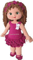 a crocheted doll is wearing a purple dress and shoes