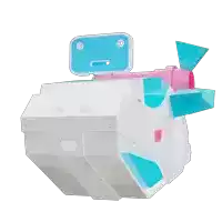 a cartoon drawing of a robot with a blue face and a pink tail