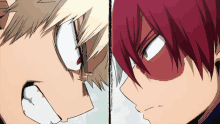 two anime characters are looking at each other and one has a red eye