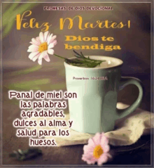 a picture of a cup of coffee with a flower in it and the words feliz martes dios te bendiga