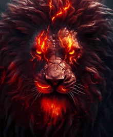 a close up of a lion 's face with flames coming out of its eyes .