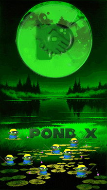 a poster for pond x shows frogs fishing in a swamp