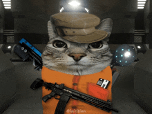 a cat is wearing a hat and holding a gun with the hashtag @lairitian