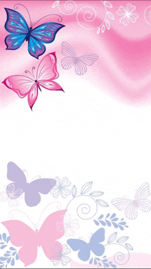 a pink background with blue and purple butterflies