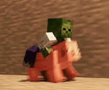 a minecraft zombie is riding on the back of a small horse .