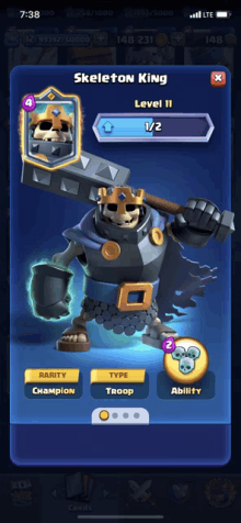 a screenshot of a game called clash royale showing the skeleton king