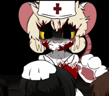 a cartoon of a nurse with blood on her face and a red cross on her hat