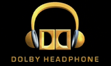 a logo for dolby headphones with a pair of headphones on a black background