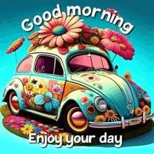 a volkswagen beetle with flowers painted on it and a flower on top of it .