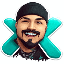 a man with a beard wearing a black beanie is smiling with a blue x behind him