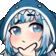 a pixel art drawing of a girl wearing a shark hat with a hand on her chin .