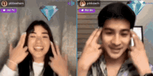 a man and a woman are having a video chat with a diamond in the background that says pbbzah