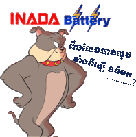 a cartoon dog with a red collar stands in front of an inada battery logo