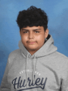 a young man wearing a grey hurley sweatshirt poses for a picture