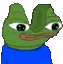 a pixel art of a green frog with two eyes and a blue shirt on .